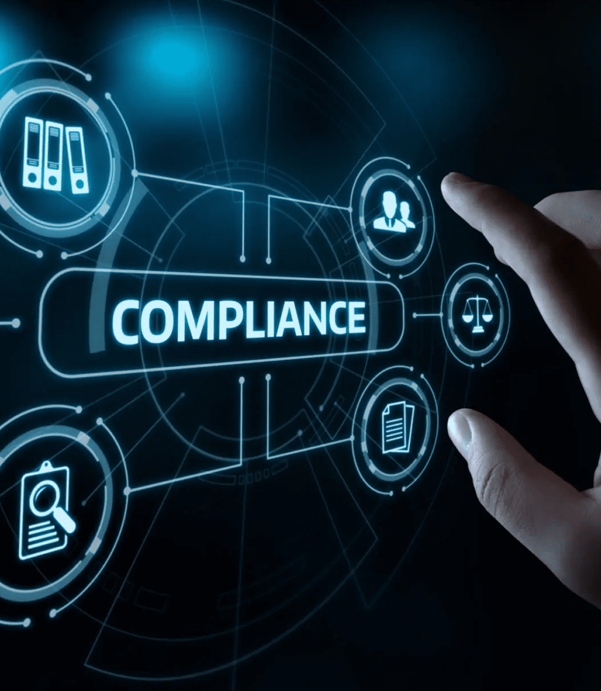 Hand interacting with compliance icons